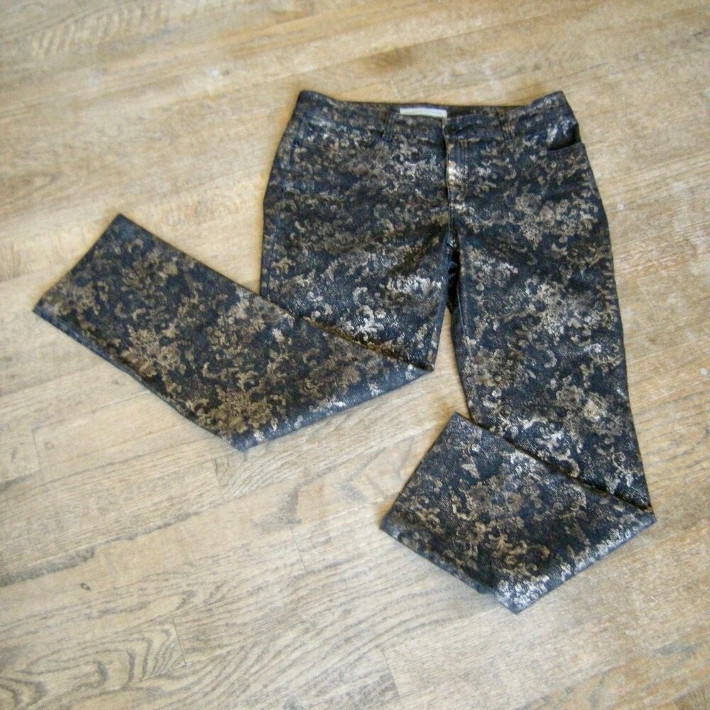 Chico's Platinum Denim Stretch Jeans (10 or 12)  Black & Metallic Baroque Print